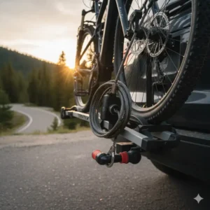 Integrated security locking system protecting the bikes and the hitch mounted bike rack with ramp.