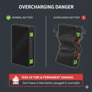 A graphic illustrating the negative effects and swelling caused by overcharging, the primary risk when trying to determine if can you charge e bike battery overnight.