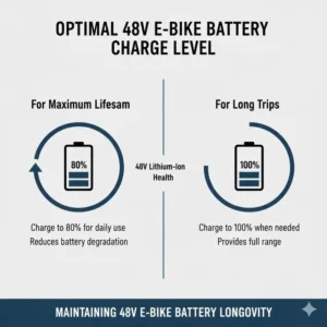 Graphic showing optimal charging levels for battery health when using the best e bike battery chargers 48V to maximize longevity.