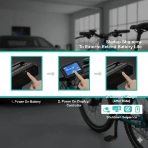 A graphic illustrating the correct sequence for turning on and off an e-bike to protect the battery management system, a crucial part of how to extend e bike battery life.
