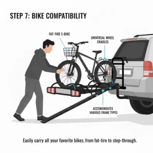 Showing compatibility with various bike styles for this specific hitch bike rack with loading ramp.