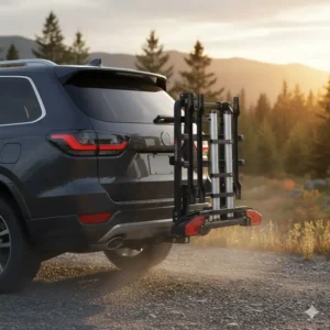 The compact folding storage position of the bike rack with ramp for hitch receiver when not in use.