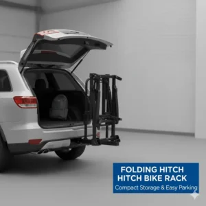 A hitch bike rack with ramp for ebikes in its folded position against the rear of a car for space-saving.
