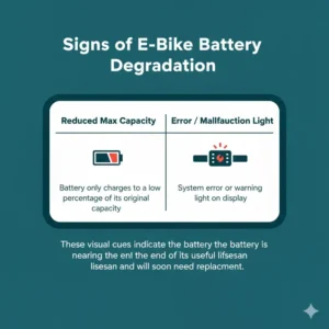 An illustration of a reduced charge capacity indicator, showing the clear signs of degradation and the limits of how long do e bike batteries last.