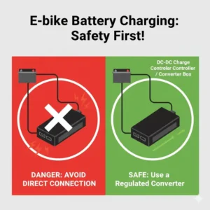 A crucial safety warning against connecting an e-bike battery directly to an unregulated source when trying to figure out how to charge e bike battery without charger.