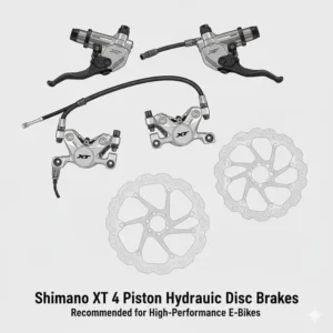Detailed view of a premium Shimano XT set, one of the top recommended disc brakes for e bikes for mountain or cargo use.