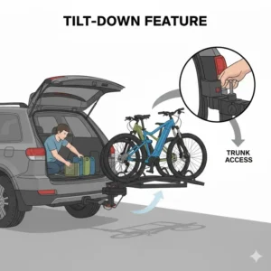 Illustration of the tilt-down feature of a trailer hitch bike rack with ramp for trunk access.