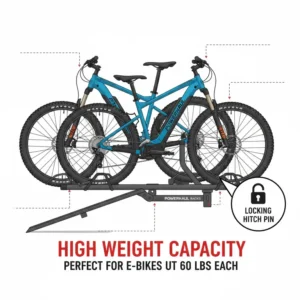 High weight capacity technical diagram for this heavy-duty hitch mounted bike rack with ramp.