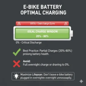 A diagram showing the recommended 20-80% charge level to maintain battery health, a better alternative to asking can you charge e bike battery overnight.