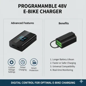 A programmable model representing the advanced features of the best e bike battery chargers 48V with a digital display.