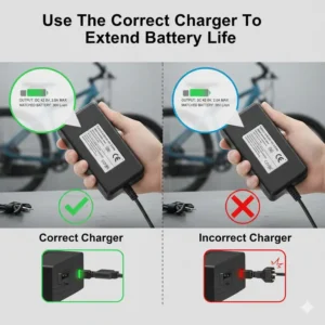 Close-up of an e-bike battery charger displaying its specifications (voltage and amperage), emphasizing the need for the right equipment to know how to extend e bike battery life.