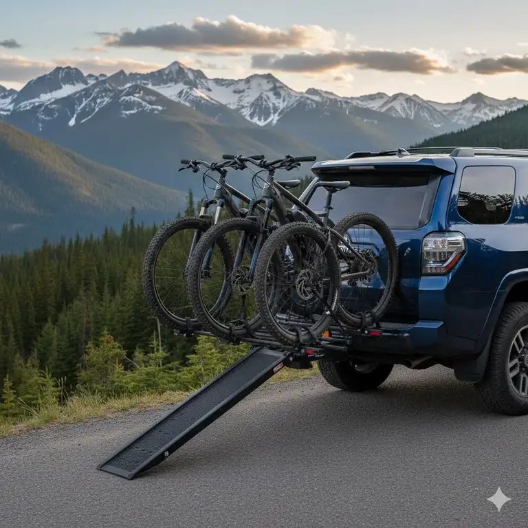 A heavy-duty 2 inch hitch bike rack with ramp carrying two electric bikes on the back of a vehicle.