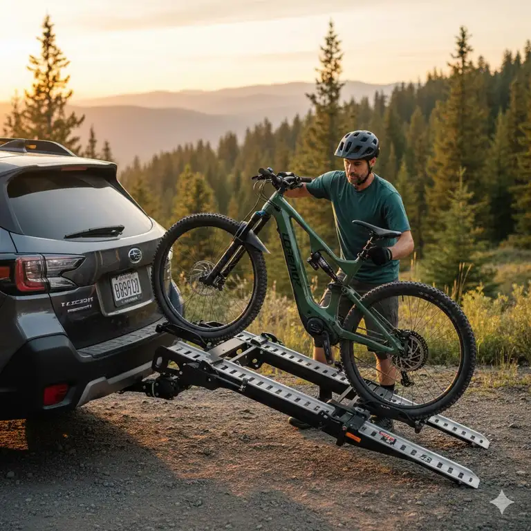 A premium electric mountain bike being loaded onto the best hitch bike rack with ramp attached to an SUV in a forest setting.