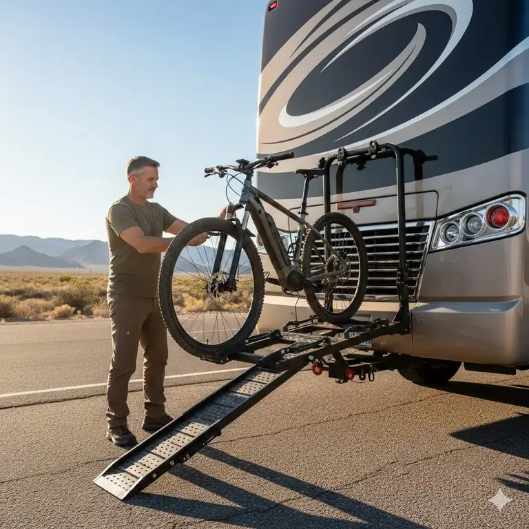 A heavy-duty hitch bike rack with ramp for rv installed on a motorhome.