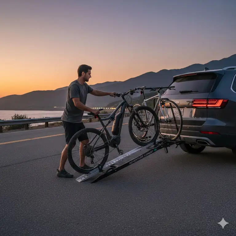 A premium hitch bike rack with ramp for suv shown with an e-bike being loaded during sunset.