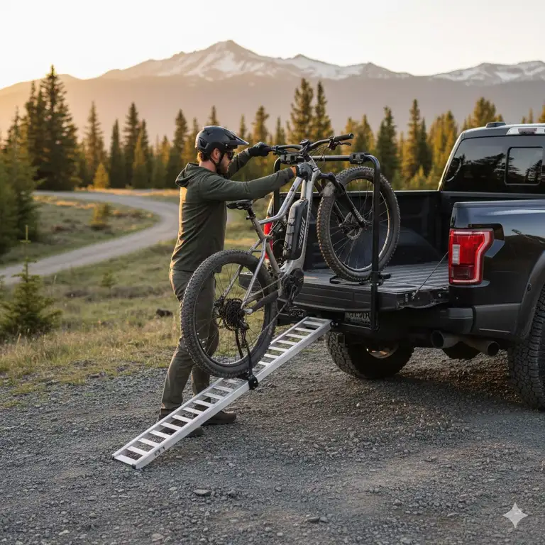 A premium hitch bike rack with ramp for truck installed on a pickup, showing a mountain bike ready for transport.