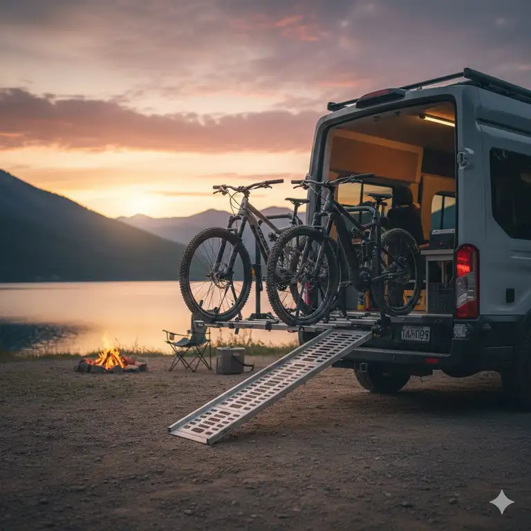 A professional hero shot of a heavy-duty hitch bike rack with ramp for van installed on a camper at sunset.