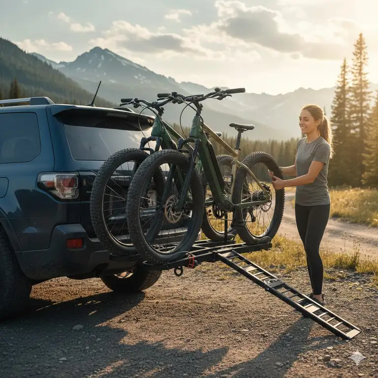 A professional hero shot of an affordable hitch bike rack with ramp installed on an SUV with e-bikes.