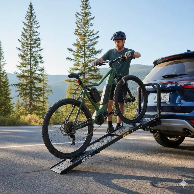A person using a hitch bike rack ramp for loading ebike onto an SUV.