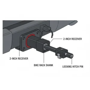 Close-up illustration of the secure connection point for a 2 inch hitch bike rack with ramp.