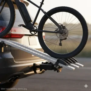 Detailed view of the loading ramp on a hitch bike rack with ramp for suv illustrating the incline.