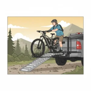 An illustration of a cyclist using the hitch bike rack with ramp for truck to easily roll a heavy e-bike onto the carrier.