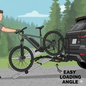 Detailed illustration of the loading process for heavy e-bikes as seen in hitch bike rack with ramp reviews.