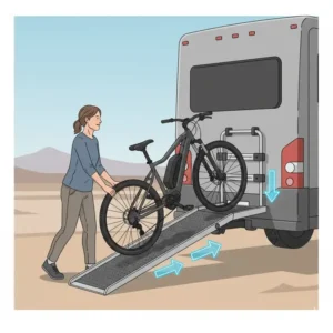 Person using the loading ramp of a hitch bike rack with ramp for rv.