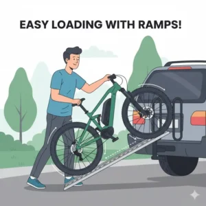 Demonstrating the easy loading process in our hitch bike rack with ramp comparison guide.