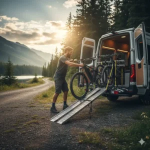 A person easily loading an electric mountain bike using the hitch bike rack with ramp for van.