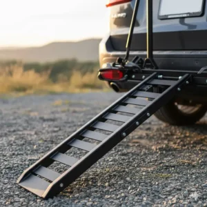 Close-up of the telescopic loading ramp on a premium hitch bike rack with ramp.