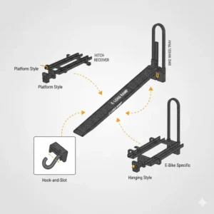 Technical diagram showing a hitch bike rack ramp for loading ebike compatibility with different carriers.