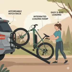 A person easily rolling a heavy electric bike up the loading track of an affordable hitch bike rack with ramp.