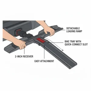 Diagram showing how the detachable loading ramp works on a 2 inch hitch bike rack with ramp.