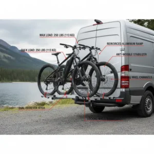 Detailed technical illustration showing the high weight capacity of this hitch bike rack with ramp for van.
