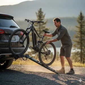 An electric bike being rolled up a premium hitch bike rack with ramp for easy loading.