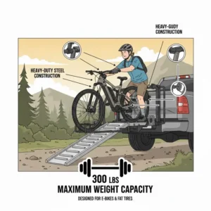 Technical diagram showing the 300 lbs weight capacity of this hitch bike rack with ramp for truck for heavy-duty use.