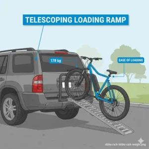 Close-up technical view of the loading ramp on a hitch bike rack with ramp for heavy ebikes.