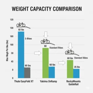 Infographic showing weight limits for each model in this hitch bike rack with ramp comparison.