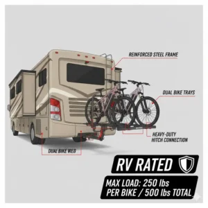 Technical diagram showing the weight capacity of a hitch bike rack with ramp for rv.