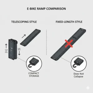 Comparison between a fixed and telescoping hitch bike rack ramp for loading ebike.