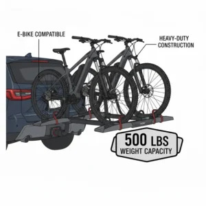 Illustration of the high weight capacity for a 2 inch hitch bike rack with ramp designed for e-bikes.