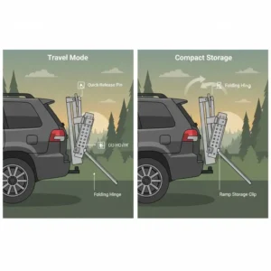 Demonstration of the space-saving folding mechanism of the best hitch bike rack with ramp when not carrying bikes.