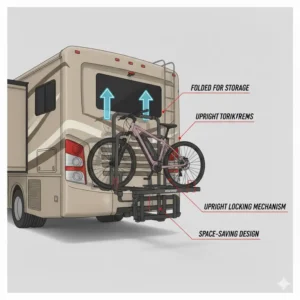 A hitch bike rack with ramp for rv in its folded upright storage position.