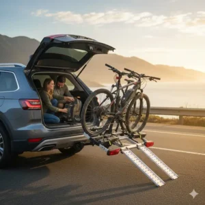 The tilt-down feature of a hitch bike rack with ramp for suv providing easy access to the vehicle trunk.
