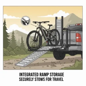 Detailed view of how the loading ramp attaches and stores on the hitch bike rack with ramp for truck during travel.