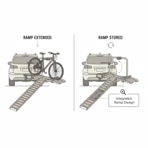 Close-up of the ramp storage solution during a hitch bike rack with ramp comparison.