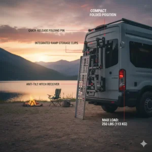 The compact folded position of the hitch bike rack with ramp for van when not carrying any bicycles.