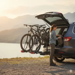 The tilt-away function of a premium hitch bike rack with ramp allowing access to the car trunk.