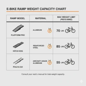 Weight limit chart for a heavy-duty hitch bike rack ramp for loading ebike.